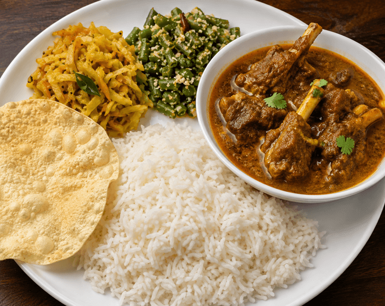 Rice and Mutton Curry with 2 Vegetable and Pappadam
